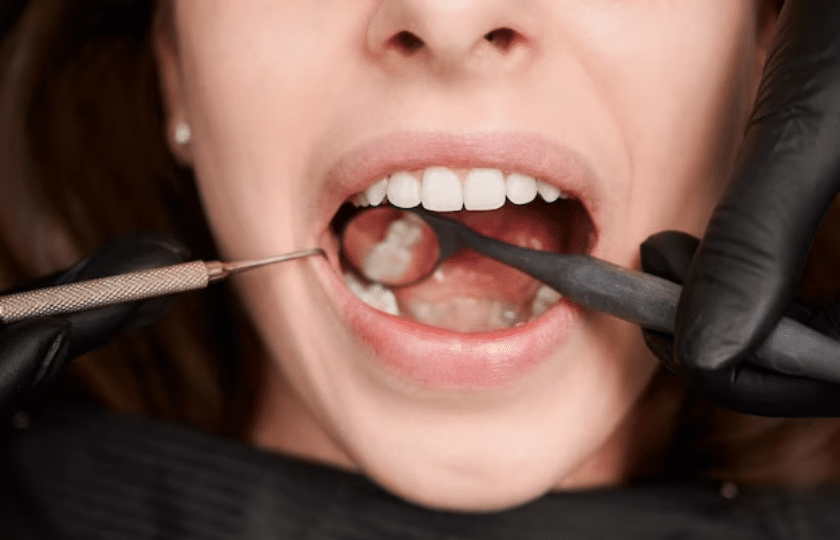 Dentist examining patient's teeth and gums during dental evaluation with dental instruments.