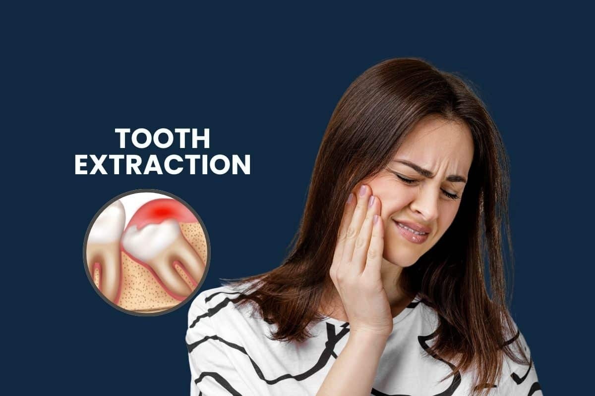 Woman holding her cheek in pain with an inflamed tooth illustration showing tooth extraction complications.