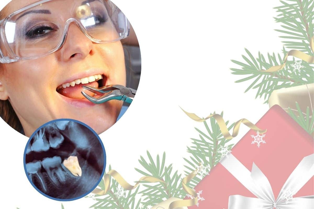 Woman with glasses using dental tools to examine teeth during post-extraction care.