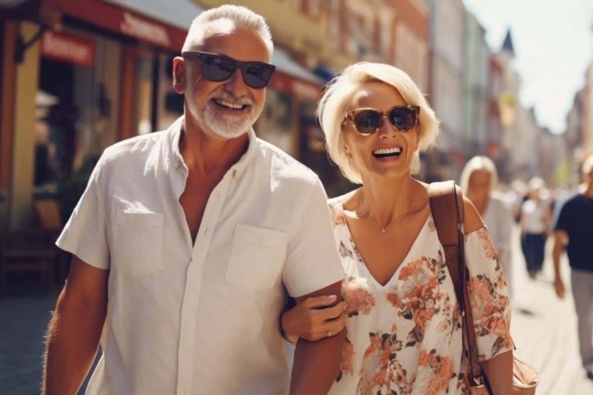 Happy senior couple smiling while walking on a sunny street in Phoenix.