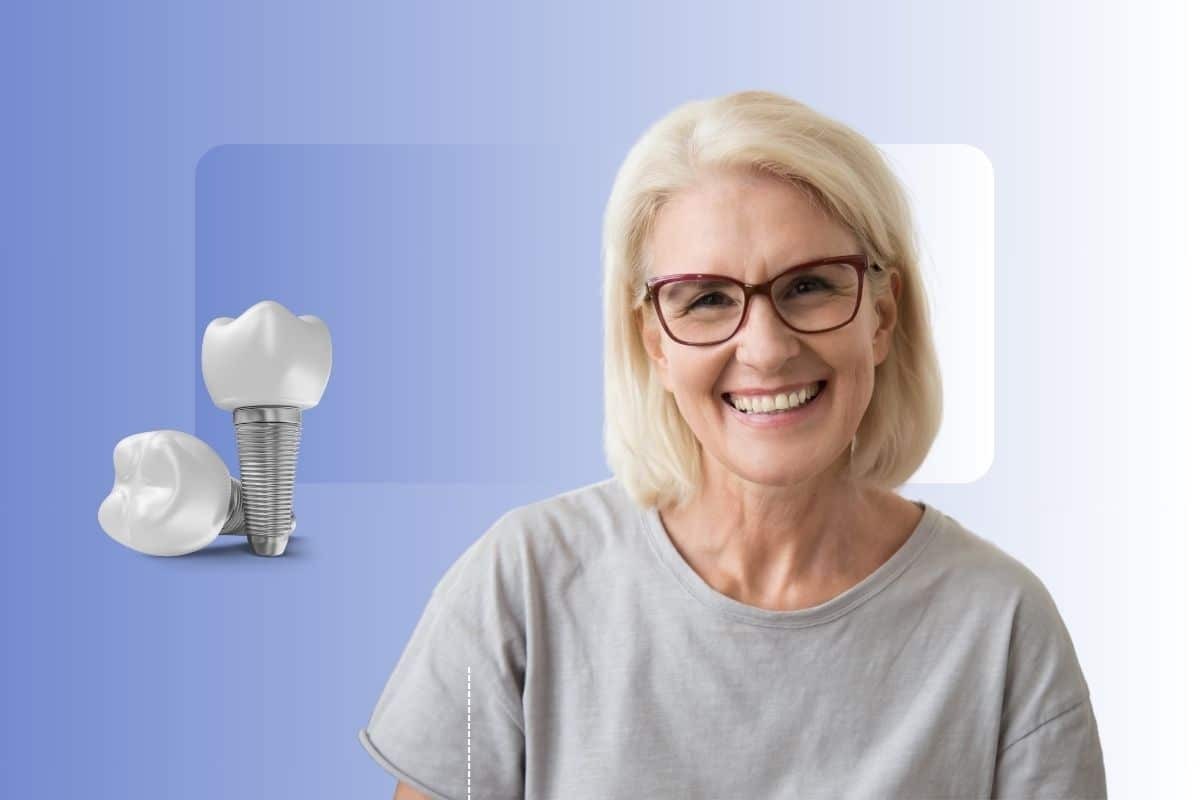 Smiling mature woman with glasses next to dental implant illustration on blue background.