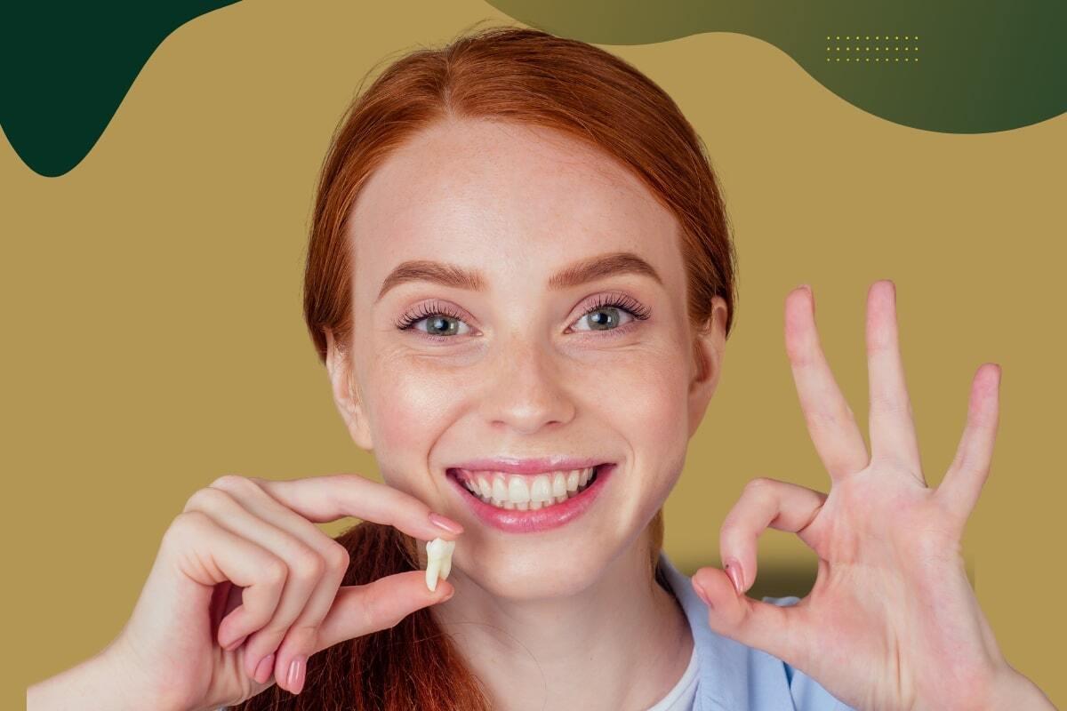 Young woman holding a dental implant or tooth model, smiling brightly against a golden background.