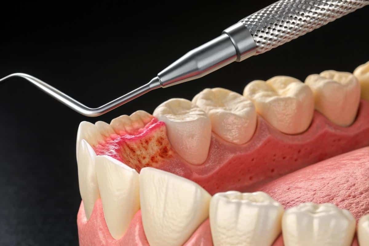 LANAP laser gum treatment procedure showing diseased gum tissue being precisely removed with a dental laser instrument.
