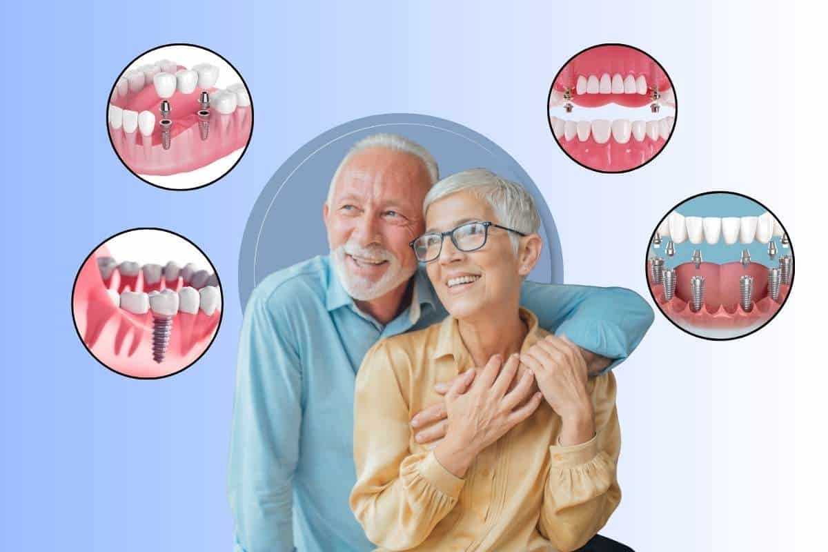 Senior couple smiling with dental implant options illustrated around them showing tooth replacement solutions.