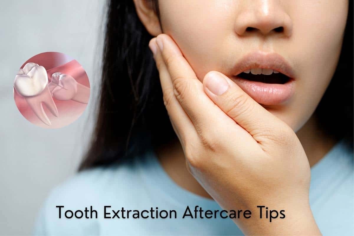 Woman touching her cheek in pain after tooth extraction, with diagram showing removed tooth.